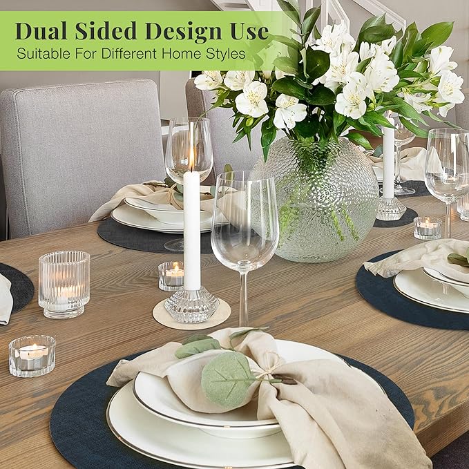 13-Inch Faux Leather Round Placemats Set of 6, Waterproof Anti-Slip Dual Sided Place mats, Heat Resistant Washable Table Mats with Coaster, Suitable for Indoor & Outdoor (6, Black Navy Blue)