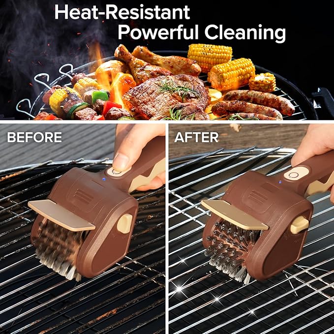 BBQ Grill Brush for Outdoor Grill, Cordless Electric Grill Cleaner, Rechargeable Grill Cleaning Stainless Steel Brush, Grill Scraper, BBQ Accessories Brown