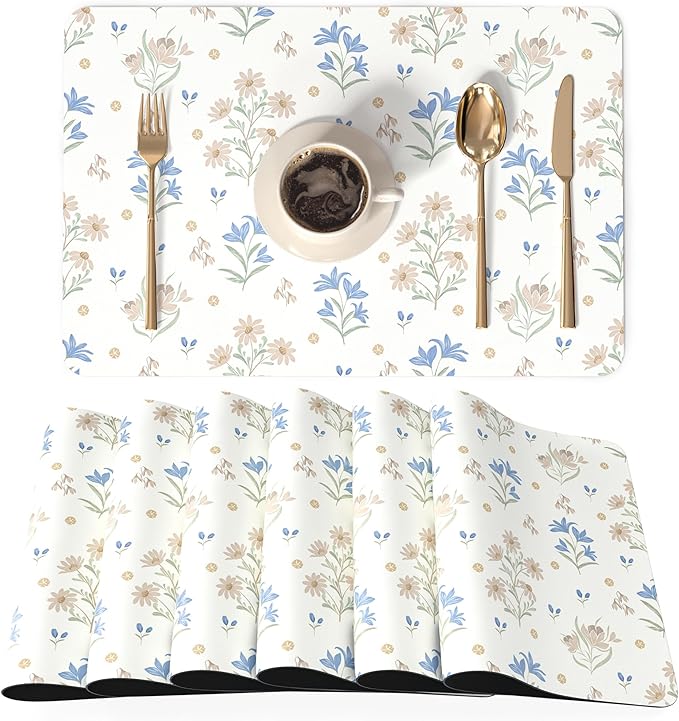 QIYI Placemats Set of 6, 12x18 Inch Faux Leather Place Mats for Kitchen Dinning, Heat Resistant Anti Slip Floral Table Mats, Waterproof Wipeable Washable Placemat Party Table Décor, Minimal Flowers