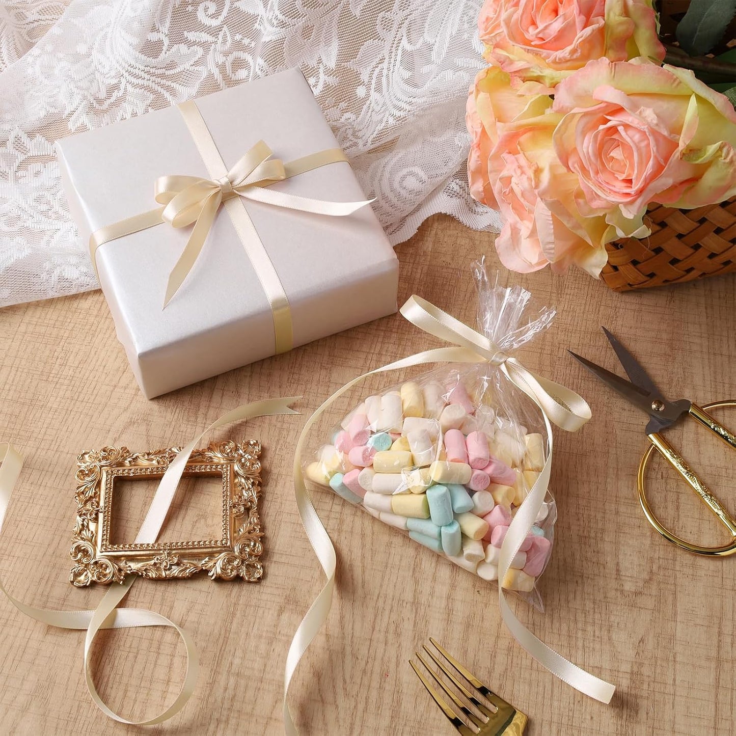 LaRibbons Nude Satin Ribbon 3/8 Inch 50 Yards Thin Luxury Double Faced Ivory Silk Ribbon for Flower Bouquet Crafts Gift Wrapping Wedding Bow Christmas Decoration