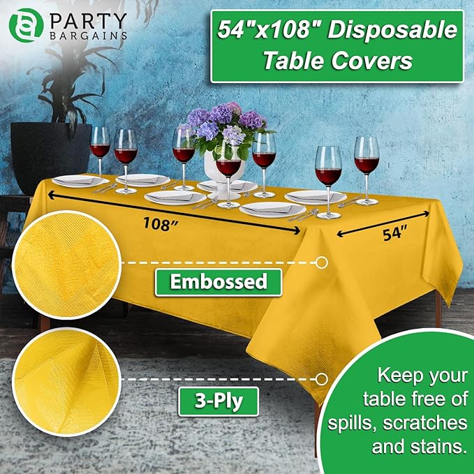 PARTY BARGAINS 5 Disposable Table Covers - 54" X 108" Yellow Table Cover, 3 Ply Paper & Plastic Tablecloth