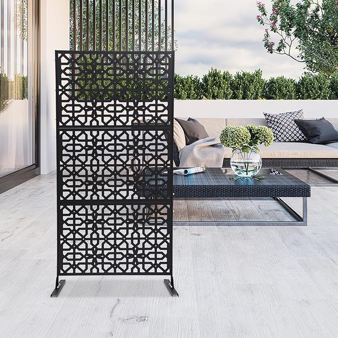 Outdoor Metal Privacy Screen with Stand, 35.4" W x 75" H Freestanding Metal Slatted Decorative Privacy Screen and Panels for Patio Garden Balcony Porch (Black Polygonal)