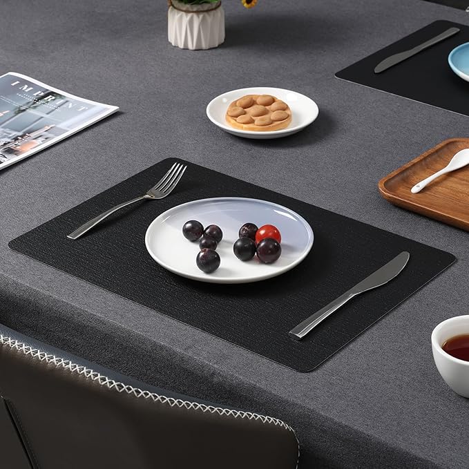 Myir JUN Placemats Dual Sided, Faux Leather Place Mats Set of 6 Indoor Placemats for Dining Table Outdoor Placemats Square Non-Slip Washable Table Mats (Black, Set of 6)