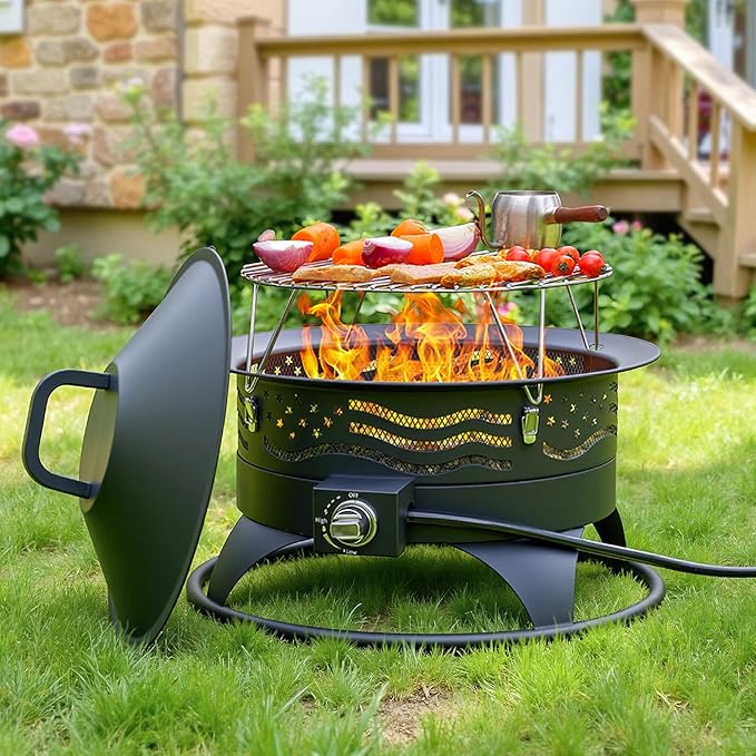 24 Inch Portable Propane Fire Pit with Grill, 60000 BTU Outdoor Gas Firepit with Lava Rocks & Adjustable Flame, Smokeless Gas Firebowl for Backyard, Camping & Gatherings
