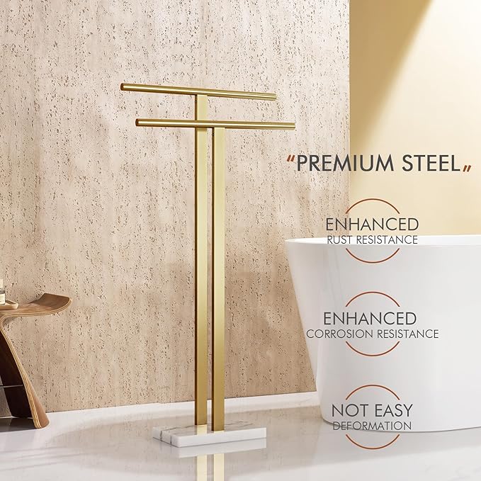 KOKOSIRI Standing Towel Rack for Bathroom Floor 2-Tier Towel Holder Free Stand with Heavy Marble Base Thicken Steady Design Gold Stainless Steel THS0005-BG
