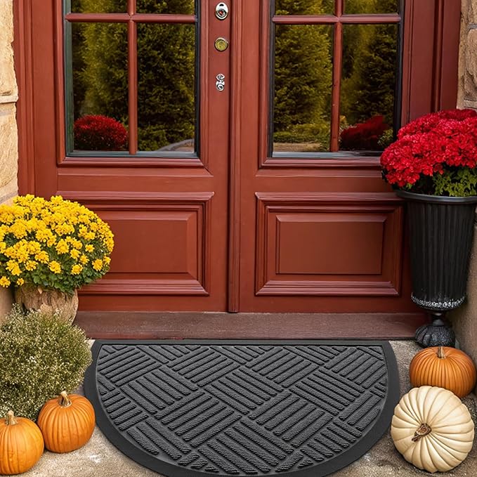 Smiry Half Circle Front Door Mat Outside Entrance,Heavy Duty Outdoor Indoor Natural Rubber Doormat,Non Slip,Trap Dirt and Moisture,Easy Clean,Low Profile Patio Porch Entryway Mat,29.5x17, Light Grey