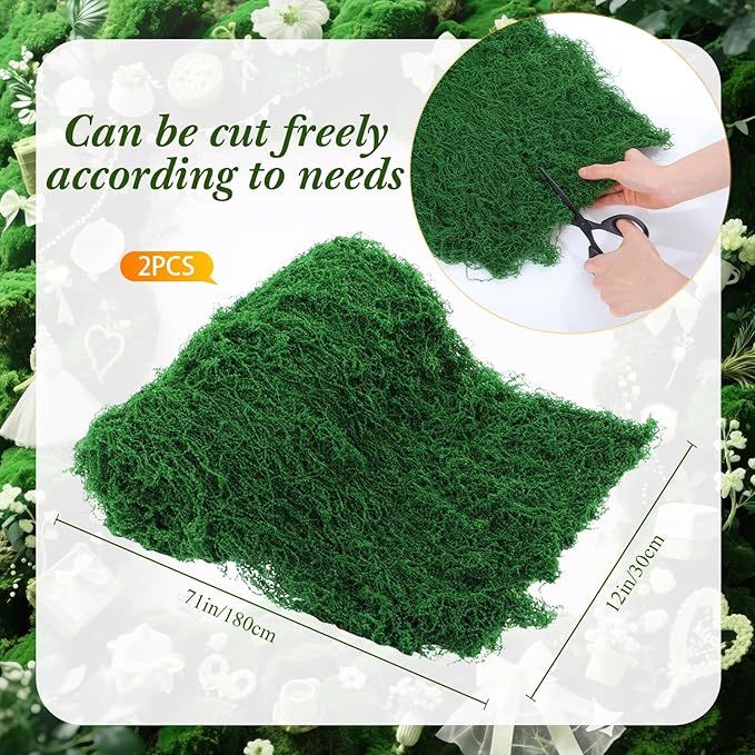 Zeyune 2 Pcs Fake Moss Table Runner for Crafts 12'' x 71'' Artificial Moss Sheet Roll Waterproof Carpet Blanket for Wall Roof Garden Wedding Birthday Party Table Decoration (Dark Green)