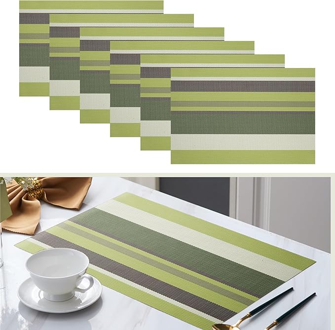 Set of 6 Colorful Striped Vinyl Placemats Heat-Resistant Washable Placemats Non-Slip Woven Table Mats Wipeable Placemat for Kitchen Dining Table Decoration Indoor Outdoor (Meadow Green)