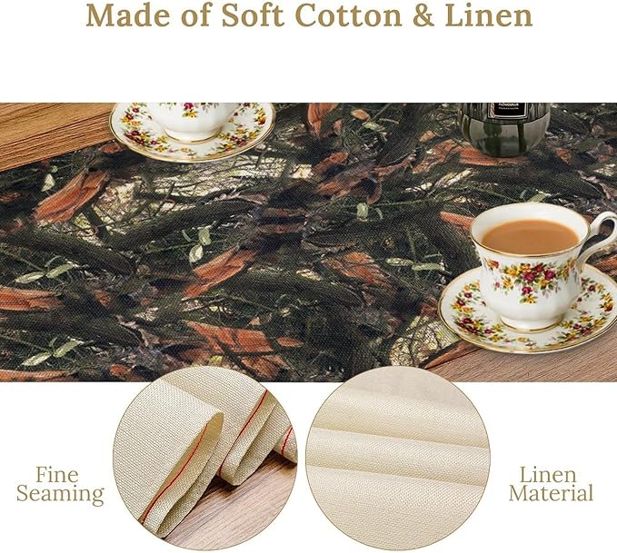 Camouflage Forest Trees Table Runner, Rustic Camouflage Hunting Camp Mossy and Oak Table Runner for Kitchen Dining Banquet Party 13x120in