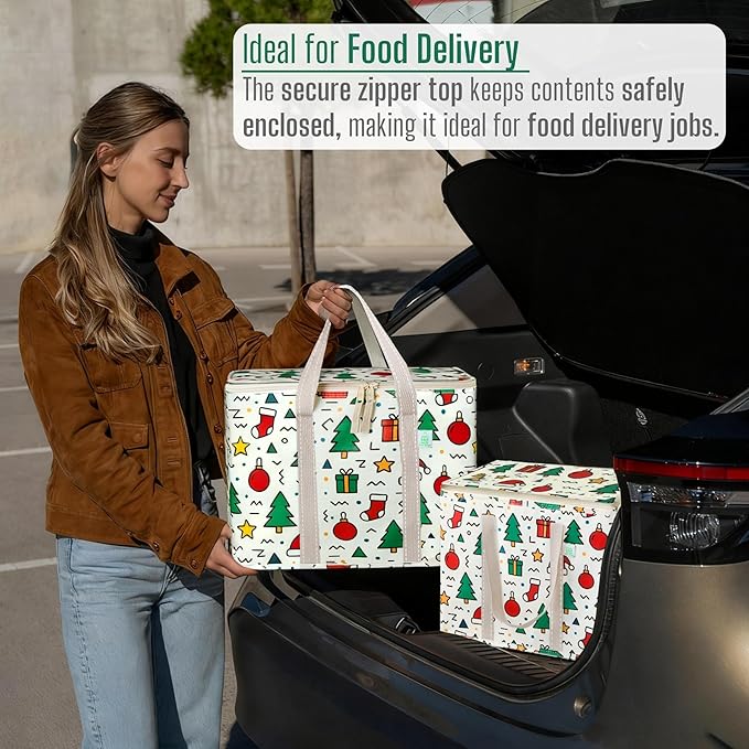 VENO 2 Pack Cooler Bag, Insulated Grocery Bags for Food Delivery, Collapsible Cooler, Reusable Shopping Bags for Groceries, Hard Bottom, Zippered, Foldable, Christmas Pattern (Jingle Mix, 2 Pack)