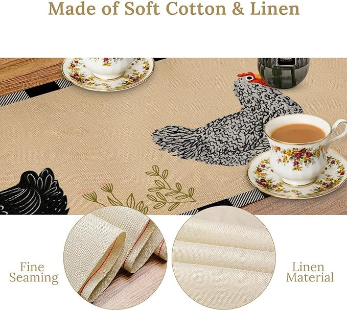 Farmhouse Roosters Chickens Table Runners, Black White Buffalo Plaid Vintage Rustic Animal Table Runner for Wedding Coffee Dining Table Party Home 13x120in