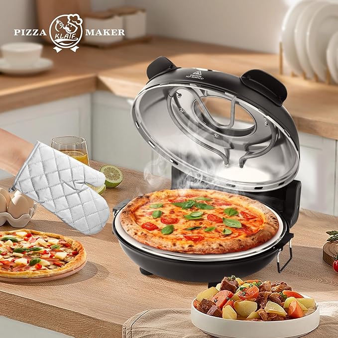 KLAIF 12" Electric Countertop Pizza Oven Indoor With Ceramic Stone, Dual Adjustable Temperature Controls, Includes 4 Pizza Tools, LMC-Black