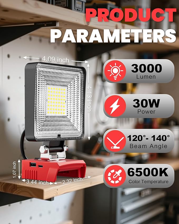 LIVOWALNY 2PCS 30W Cordless LED Work Light Compatible with Milwaukee 18V Battery, 3000LM Portable Flashlight with USB & Type-C Output Port, Flood Light Low Voltage Protection, Battery Not Included