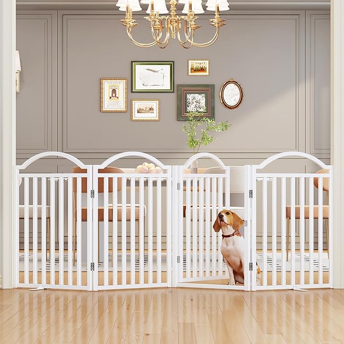 UDD Metal Folding Dog Gate Indoor 96" Extra Wide, 32" Tall Foldable Pet Gate with Door for Stairs Doorways Hallways Porch, Freestanding No Drilling Pet Fence for Dogs Puppy, White 4-Panel