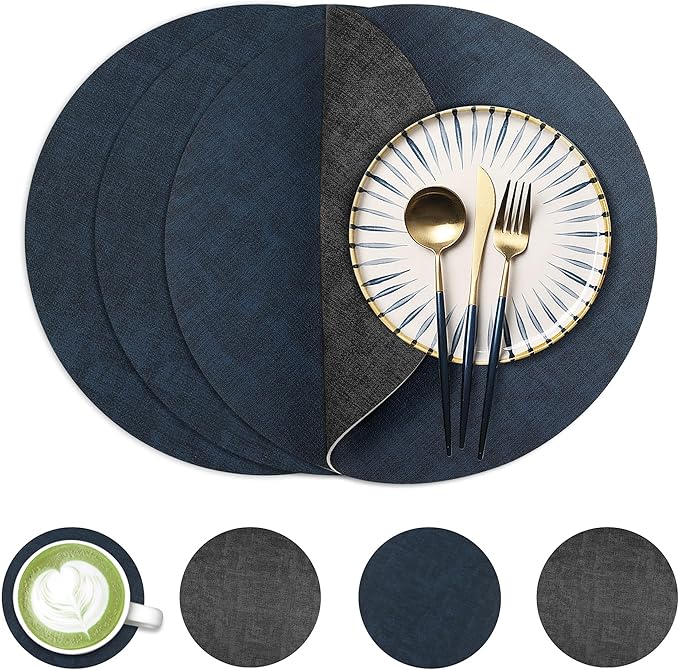 13-Inch Faux Leather Round Placemats Set of 4, Waterproof Anti-Slip Dual Sided Place mats, Heat Resistant Washable Table Mats with Coaster, Suitable for Indoor & Outdoor (4, Black Navy Blue)