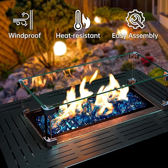 Fire Pit Wind Guard, 23.5" x 7.5" Square Tempered Glass Wind Shield for Firepit & Fire Table, Thick Glass and Easy Installation with Included Tools, Airflow Management for Stable Flame