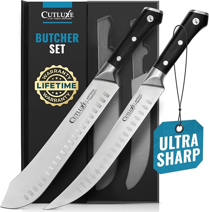 Cutluxe Butcher Knife Set – Cimeter Breaking & Bullnose Carving Knives for Meat Cutting – Professional Knife Set, Razor Sharp German Steel,Full Tang, Ergonomic, Butcher Knives for BBQ – Artisan Series
