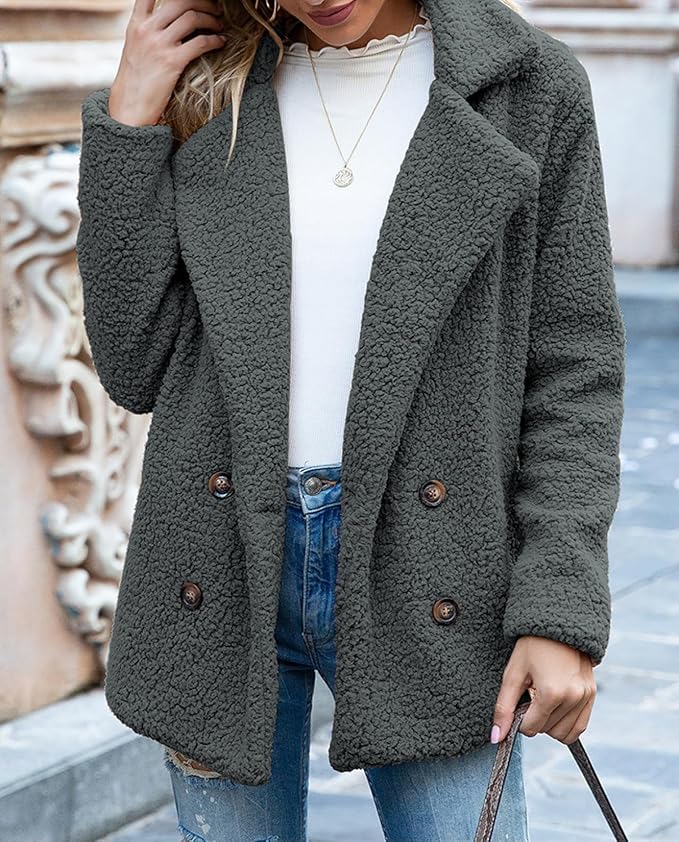 Women's Winter Warm Plush Cardigan Fuzzy Fleece Lapel Jacket with Buttons Pockets Long Sleeve Casual Outerwear