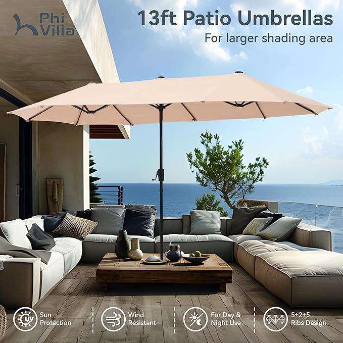 PHI VILLA Outdoor Dining Set for 6, All-Weather Patio Table and Chairs Set for 6 with Umbrella, Heavy Duty Rectangle Patio Table Set, Large Outdoor Chairs with Thick Cushions, 2 Swivel