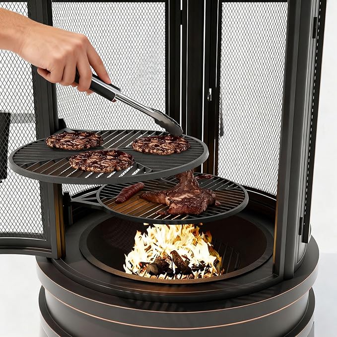 ALAULM Metal Chiminea Fire Pit with Grill, 2 in 1 Firepit with Adjustable Grill Tray & Mesh Spark Screen Door, 3-Door Multi-Access Fireplace for Patio, Garden & Backyard