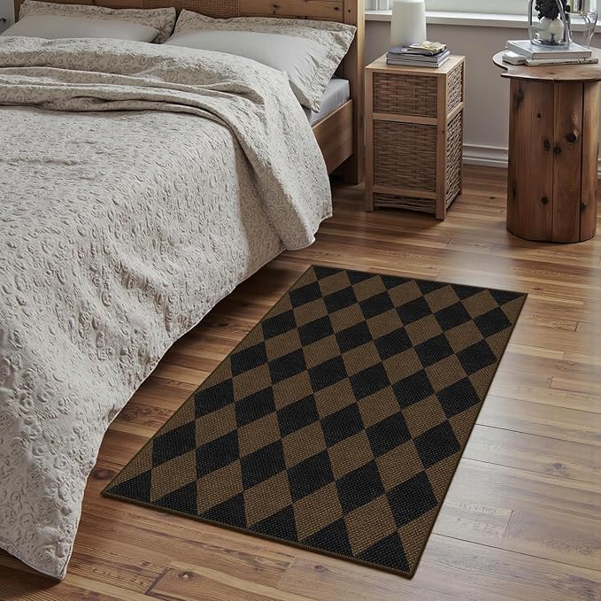 Easy Jute Checkered Entryway Rug, 2x3 Coffee Modern Indoor Outdoor Doormat, Washable Non-Slip Neutral Small Kitchen Rug Farmhouse Diamond Throw Rugs for Entrance Bedroom Bathroom