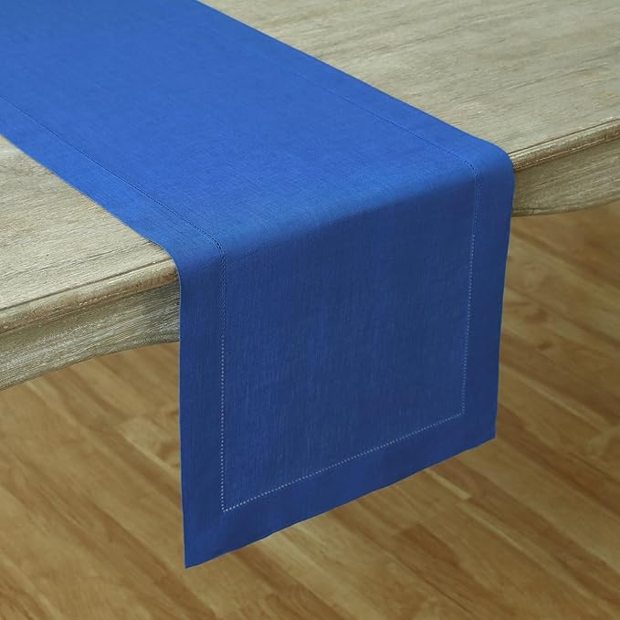 Solino Home Linen Royal Blue Table Runner 72 Inches Long - 100% Pure Linen Hemstitch Table Runner 14 x 72 Inch for Dresser, Dining, Spring - Classic Hemstitch