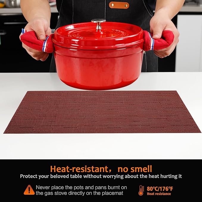 Placemats Set of 12 Washable&Wipeable Place mats for Dining Table Kitchen Indoor Outdoor Table Mats Heat Resistant Non Slip Woven Vinyl Table Placemats (Red，12PCS)