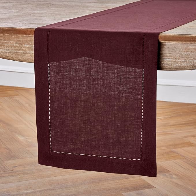 Solino Home Linen Burgundy Table Runner 108 Inches Long - 100% Pure Linen 14 x 108 Inch Table Runner for Valentines, Winter - Classic Hemstitch