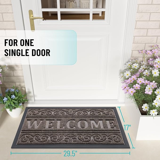 OLANLY Welcome Door Mat Indoor Outdoor Entrance, Heavy Duty Sturdy Front Door Mat, Waterproof All-Weather Doormat, Stain Resistant, Low Profile, Easy Clean Patio Entryway Mat, 47 x 24, Medium Brown
