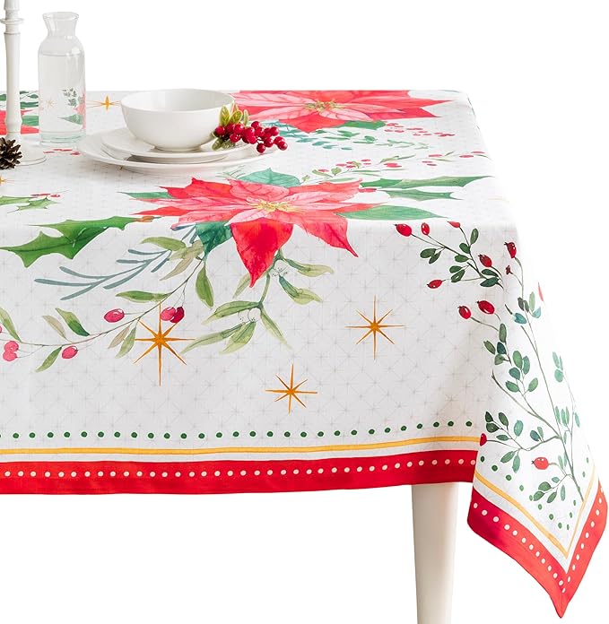 Maison d' Hermine Table Cloth Rectangle Table 100% Cotton 70 x 120 Inches Fall Tablecloth Reusable Everyday Use for Thanksgiving Christmas Decorations Dining Farmhouse Party (Poinsettia Christmas)
