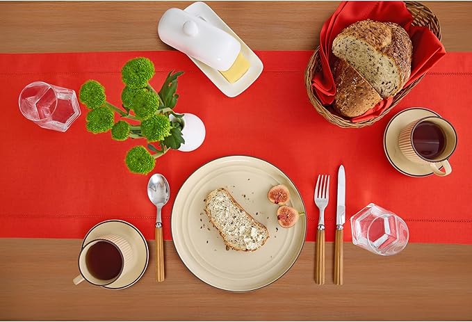 Solino Home Table Runner 120 Inches Long - Cotton Linen Hemstitch Poppy Red Table Runner 14 x 120 Inch for Valentines