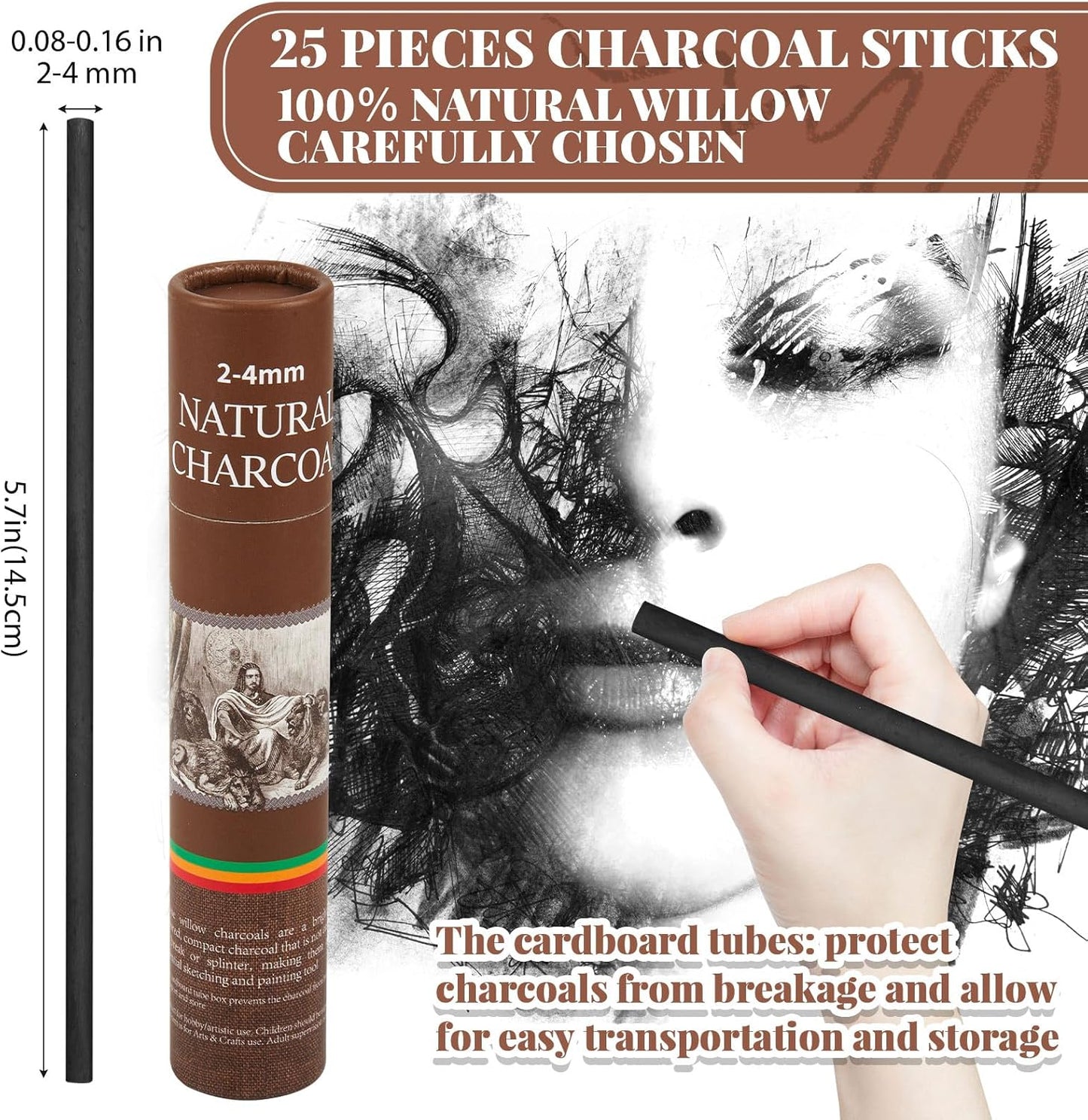 Gueevin 25 Pcs Willow Charcoal Sticks, Willow Charcoal, Artists, Beginners, Students, Perfect for Sketching, Drawing, Shading, and Fine Art Christmas Gifts for Art (2-4mm)