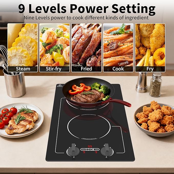 VBGK Induction Cooktop,110V 2300W 2 burner hot plate with Knob Control,9 Power Levels, Kids Lock & Timer,LED touch control,Overheat Protection Electric stove,2 burner induction cooktop