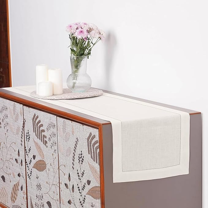 D'Moksha Homes Linen Ivory Table Runner 84 Inches Long - 100% Pure Linen Table Runner 14 x 84 Inch for Valentines, Spring, Easter - Classic Hemstitch