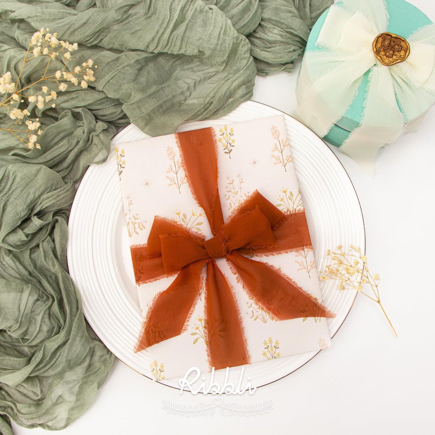 Ribbli Fall Ribbon 1.5 inch x 30 Yard Handmade Silk, Ivory/Dusty Sage/Terracotta Fringe Chiffon Ribbon for Wedding Invitations, Bridal Bouquets Wrapping, Flower Arrangement Decoration