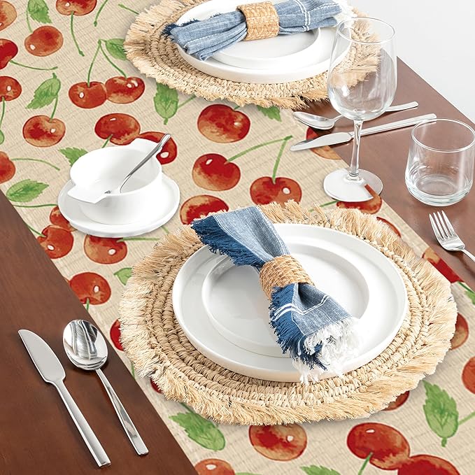 Red Cherry Table Runner Linen Long Farmhouse Rustic TableRunner for Party Holiday Dining Room /Kitchen,13 x 70 Inches