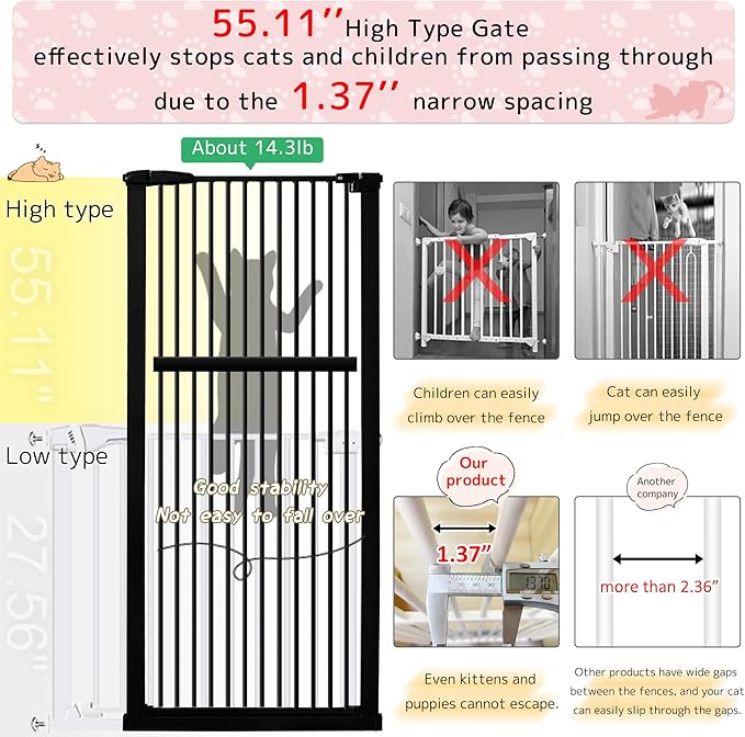 Lumizone Extra Tall Pet Gate 55.12" High Pressure Mounted 63.39"-67.90" Extra Wide (9 Sizes) 1.37" Gap for Cat Dog Stairs Doorway Hallway No Drilling Auto-Close (63.39"-67.90" W, Black)