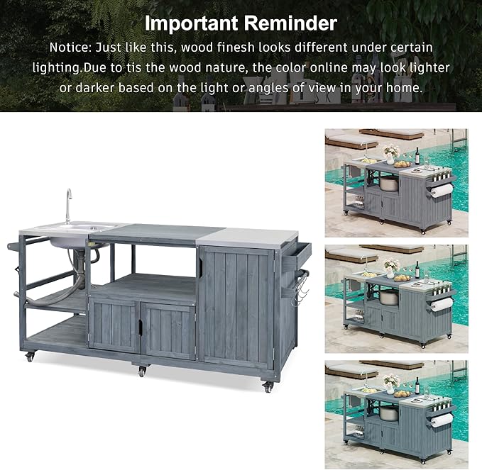 75.4" Outdoor Kitchen Grill Cart with Sink, Solid Fir Wood Island for XL Egg Grills, Rolling BBQ Bar Cart with Stainless Steel Top & Storage, Brown