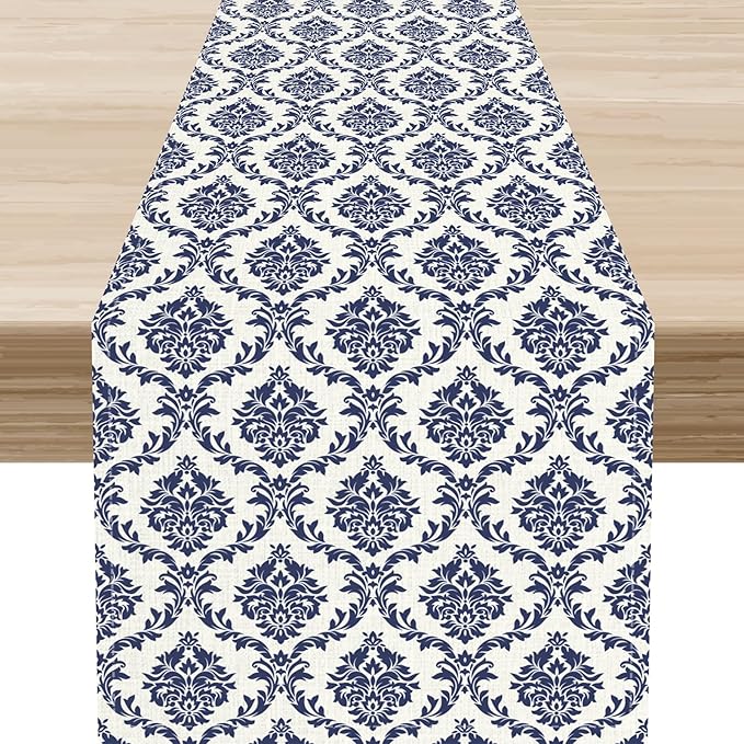 Damask Table Runner, Rustic Gothic Baroque Style Floral Bohemian Boho Blue Flower Antique Vintage Coffee Table Center Decor for Kitchen and Dining Outdoor Country Party Table Decorations, 13"x36"
