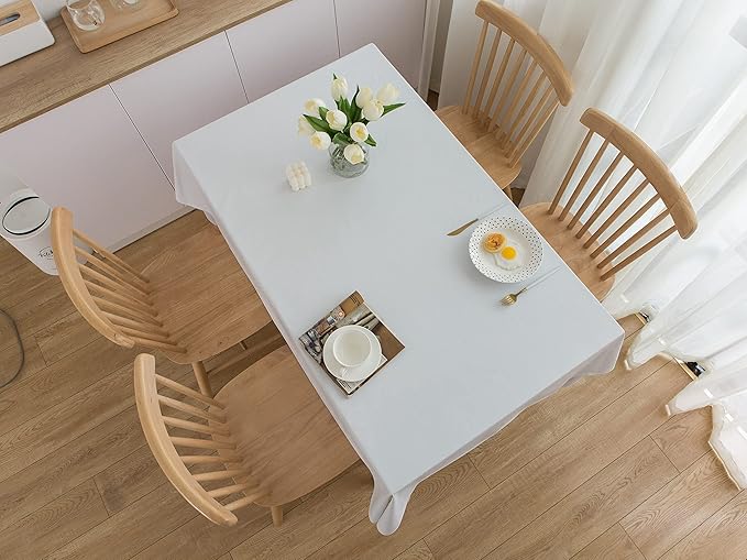 LIBERECOO Vinyl Tablecloth with Flannel Backing, Solid White, Waterproof, Stain-Resistant, Easy-Clean Table Cover for Dining, Kitchen, and Outdoor Use, 60" x 120" Rectangle