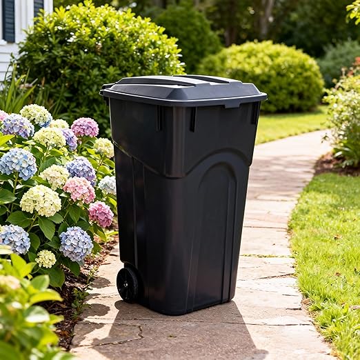 32 Gallon Wheeled Garbage Can, Attached Lid, Black