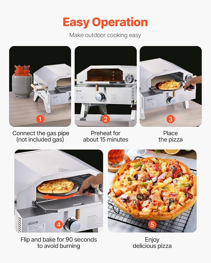 VEVOR 2 IN 1 Outdoor Pizza Oven, 13 in Propane Pizza Oven & Grill, 12,000 BTU Tabletop Propane Gas Oven with Pizza-Stone, Thermometer, Stainless Steel Portable Grill, for Camping & Backyard