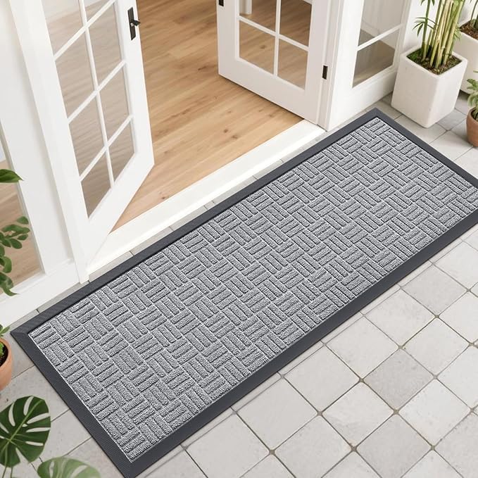 OLANLY Front Door Mat Outside Entrance 47x17, Absorbent, Heavy Duty Sturdy Natural Rubber Doormat Indoor Outdoor, Non-Slip, Stain and Fade Resistant, Low Profile Floor Mat for Entryway, Charcoal Gray