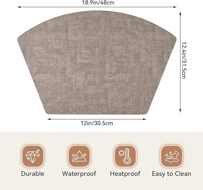 Round Table Placemats Set of 6, Faux Leather Wedge Shape Place Mats Heat Resistant Wipeable Washable Table Mats for Dining Outdoor Indoor, Camel