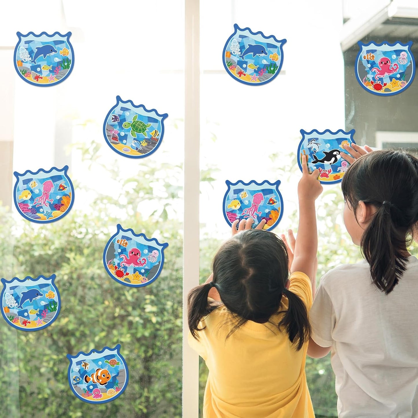36PCS Summer Activities Crafts Bulk: Sea Animal Ocean Scene Paper Suncatchers, Under the Sea Party Fish Stickers DIY Kit School Classroom Decorations, Window Stained Glass Effect Art Supplies