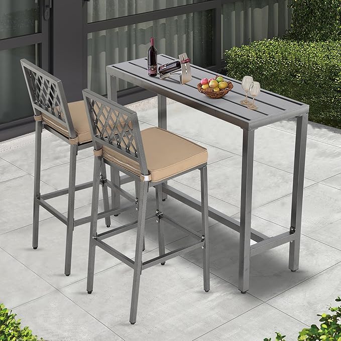 3-Piece Outdoor Patio Bar Set, Bar Height Patio Dining Set, Weather-Resistant Bistro Counter Pub Set with Cushions & Slatted Tabletop for Backyard, Garden, Yard
