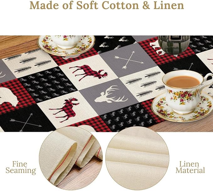 Farmhouse Bear Deer Table Runner, Retro Rustic Village Buffalo Plaid Table Runner for Coffee Table Dining Room Table Bedroom Party Holiday 13x108in