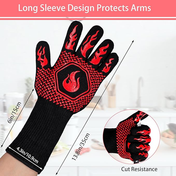 BBQ Fireproof Gloves, Grill Cut-Resistant 1472°F Heat Resistant Gloves, Non-Slip Silicone Oven Gloves, Kitchen Safe Cooking Gloves for Oven Mitts,Barbecue,Cooking, Frying,13.8 Inch-Red