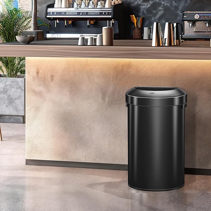 EKO Urban 16 Gallon Semi-Round Open Top Waste Bin, Stainless Steel Half Round Commercial Trash Can for Indoor and Outdoor, Extra Large Garbage Bin for Home, Office, Restaurant, 60L, Matte Black