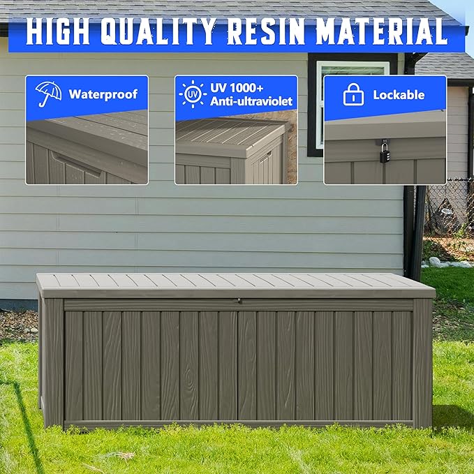 KAMABOKO Outdoor Storage Box, 180 Gallon Large Outdoor Resin Deck Box, Storage Waterproof Boxes Lockable Lid for Garden Tools, Pool Supplies, Patio Furniture and Cushions, Grey